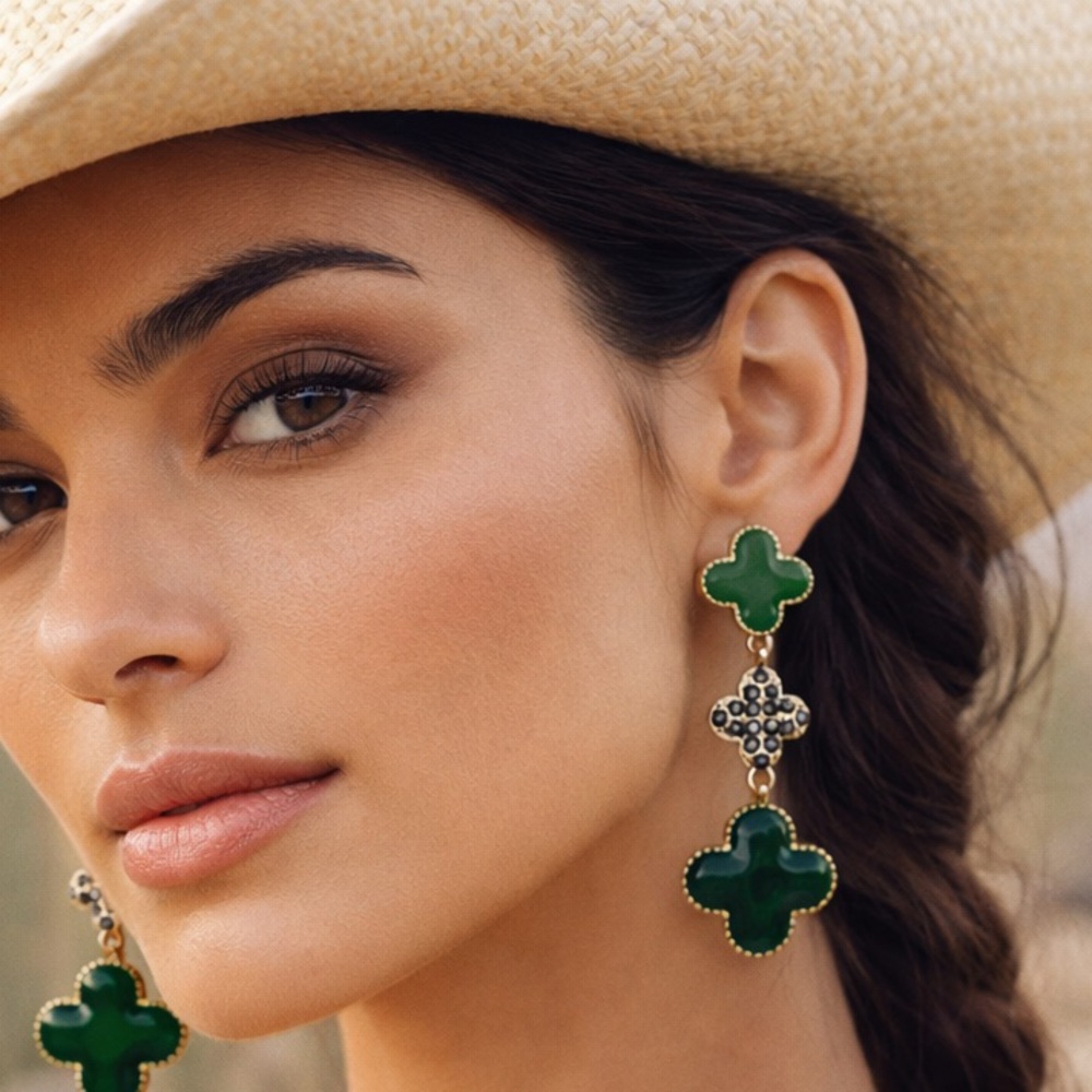 Green Enamel Cross Drop Dangle Earrings Rose Gold Marcasite 2” NWT